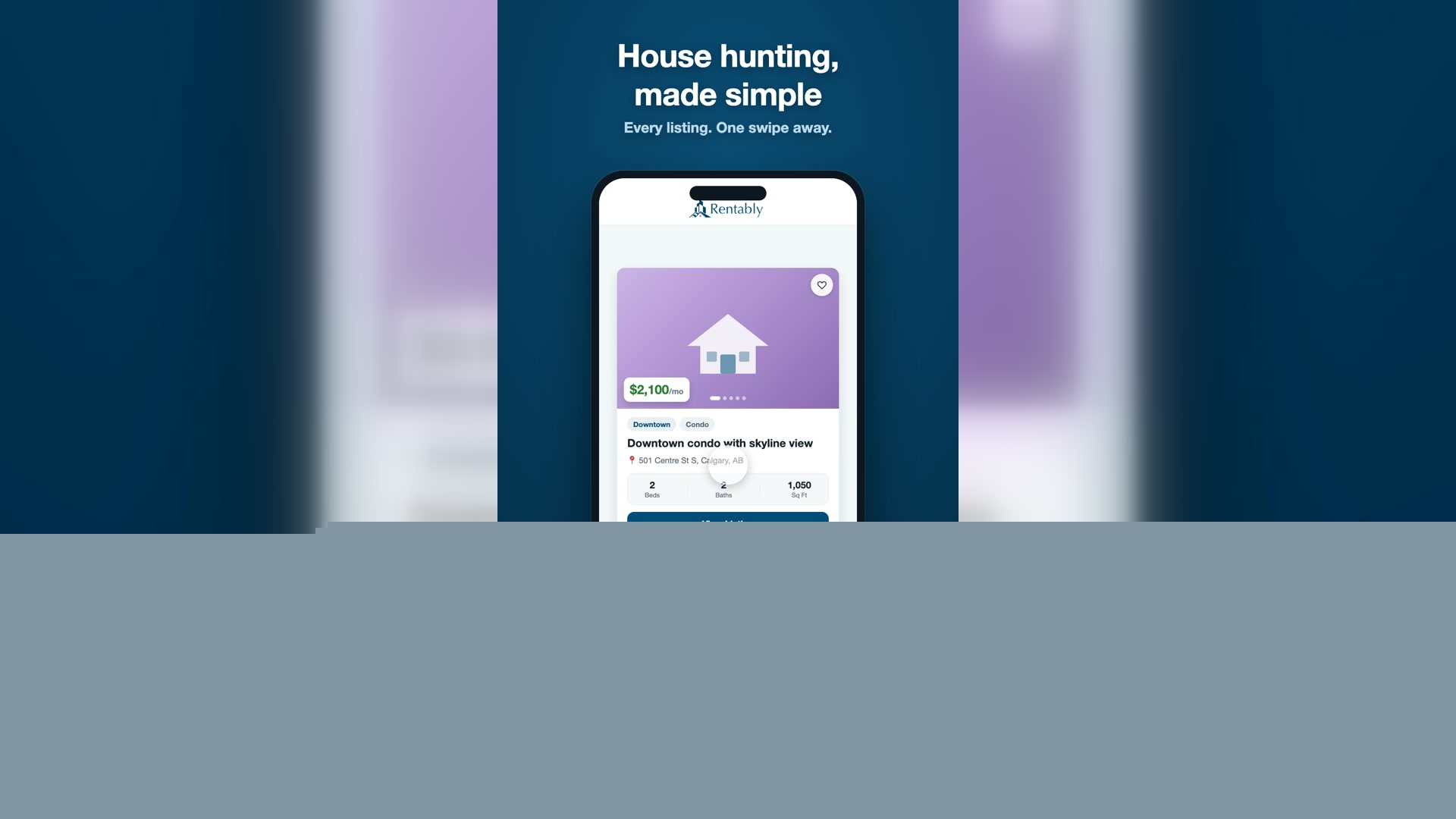 Rentably swipe browsing on a phone — every listing, one swipe away